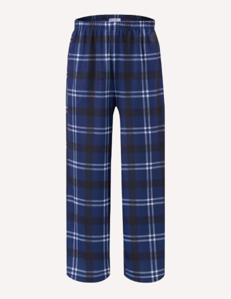 Boys long pajama pants, dark blue and light blue plaid, elastic waistband