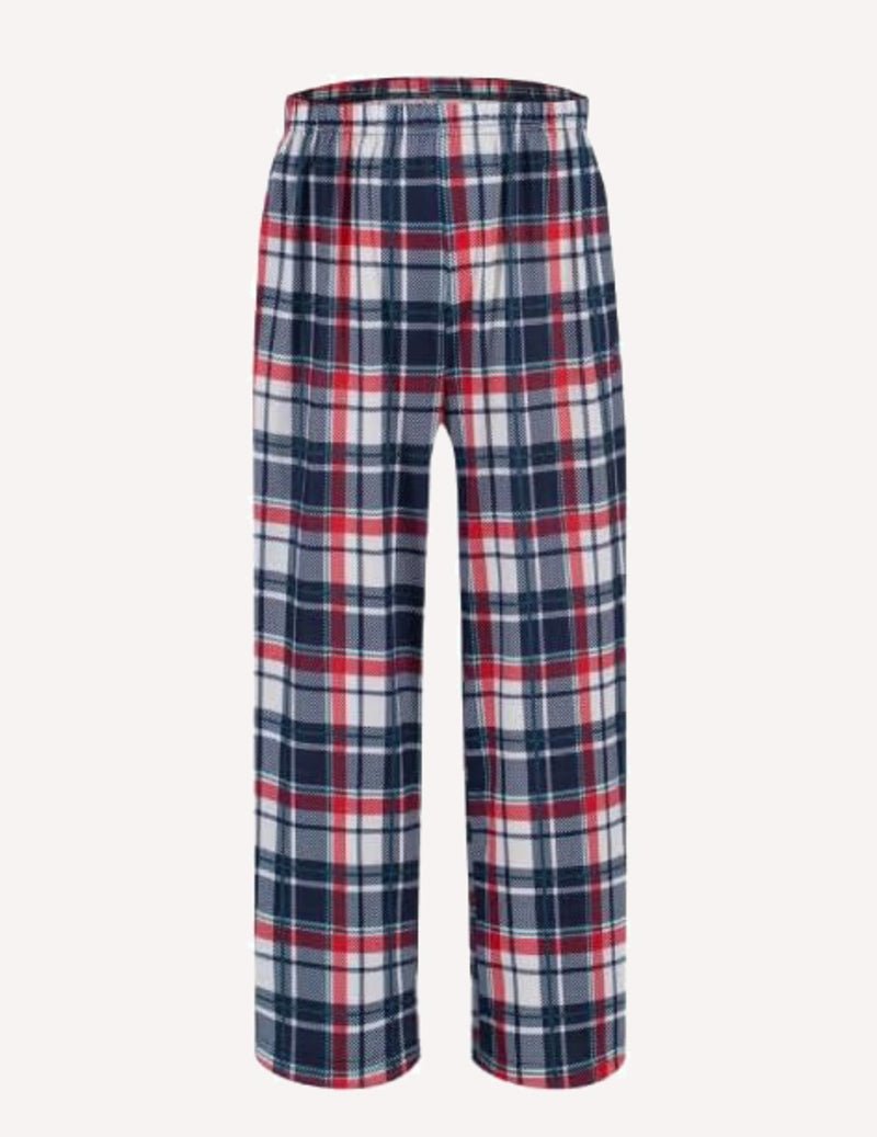 Boys long pajama pants, navy red and white plaid, elastic waistband