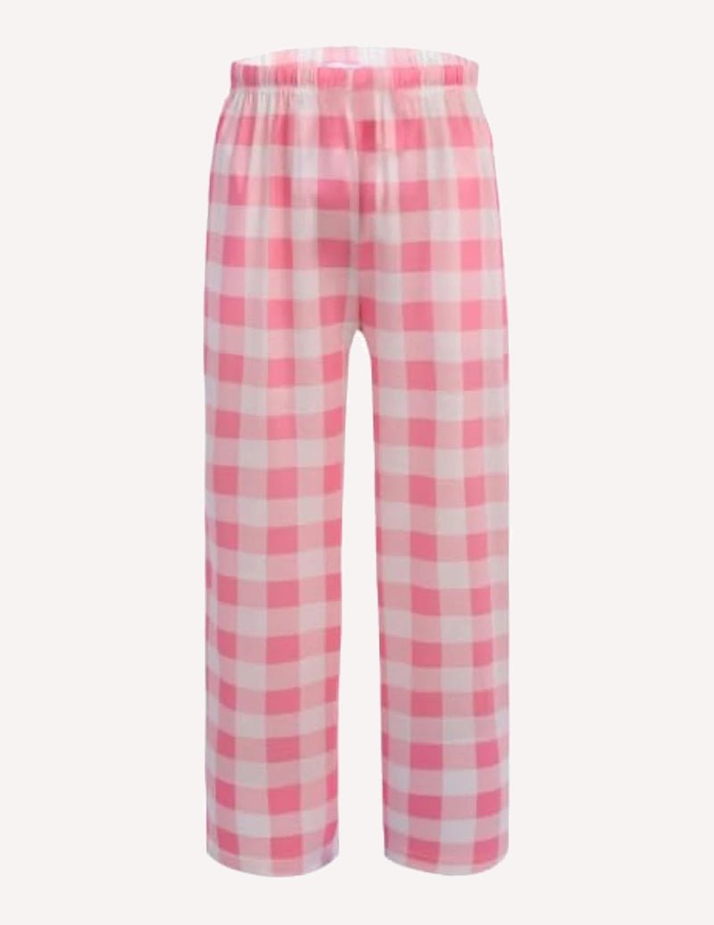 Boys long pajama pants, pink and white check plaid, elastic waistband