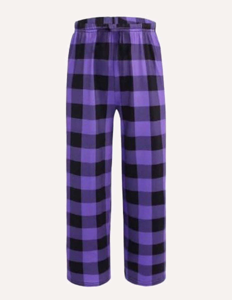 Boys long pajama pants, purple and black plaid, elastic waistband
