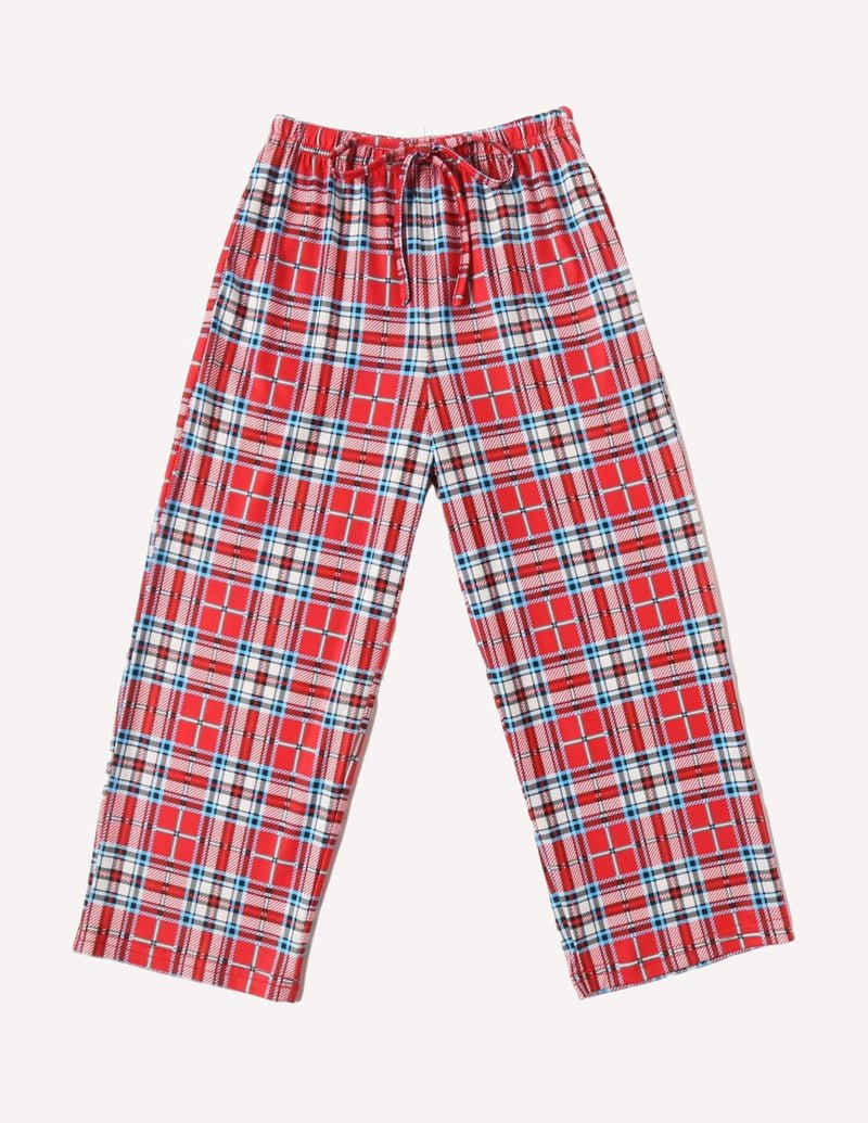 Boys long pajama pants, red-and-blue plaid, elastic waist with drawstring