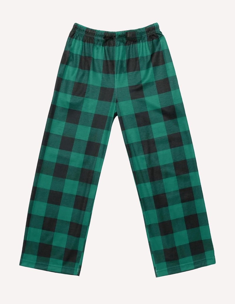 Boys long pajama pants, green-and-dark plaid, elastic waist