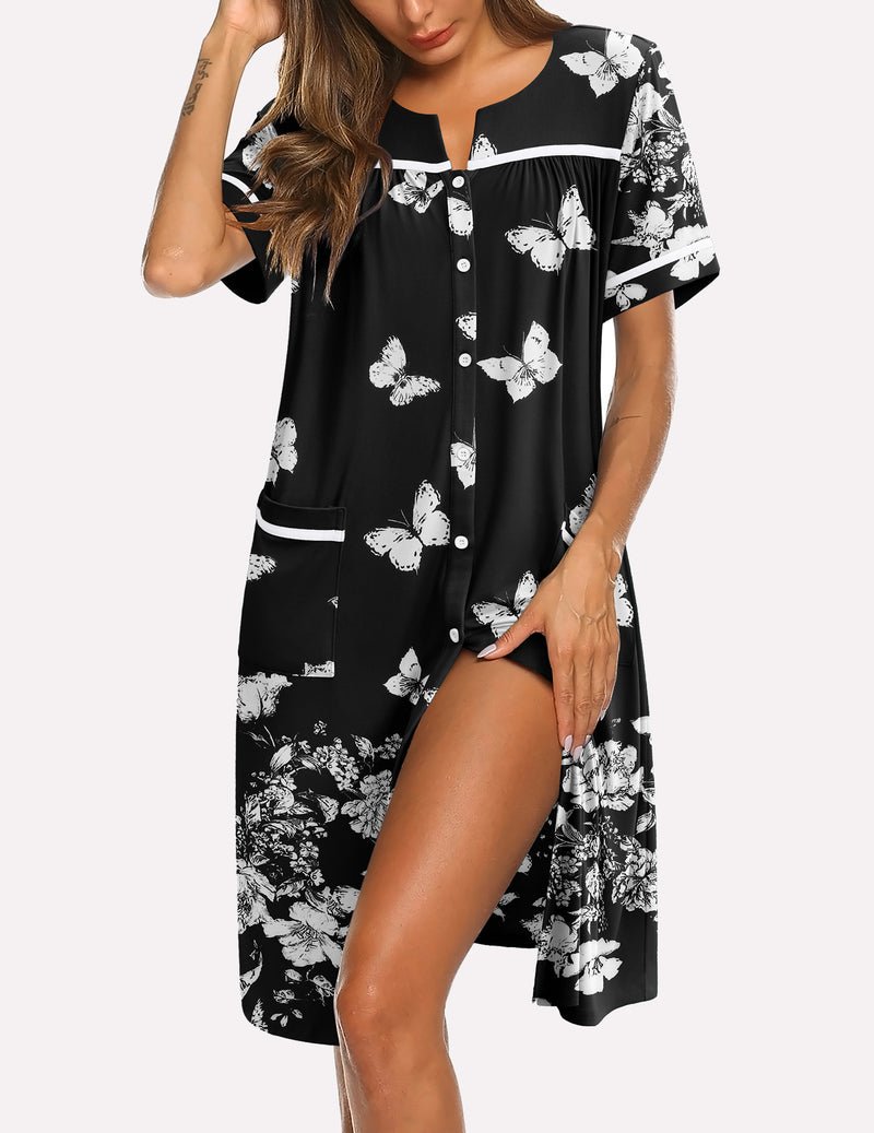 Black butterfly button-down sleepshirt with short sleeves and front buttons