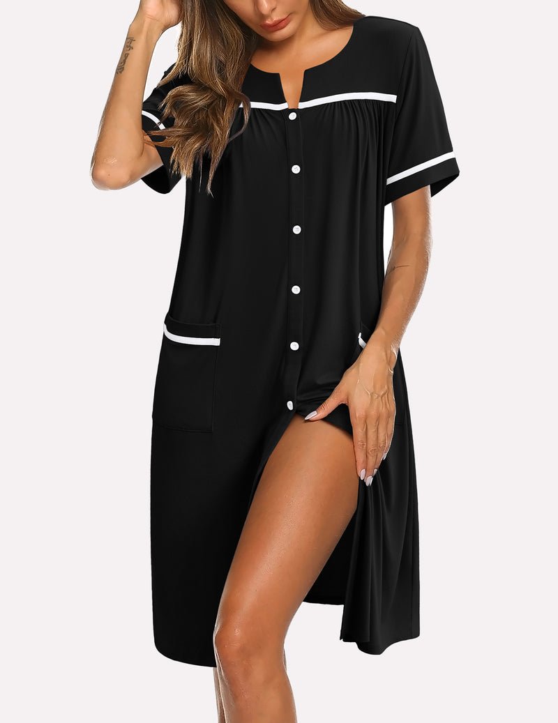 Black button-down short-sleeve sleepshirt with white trim and center button placket