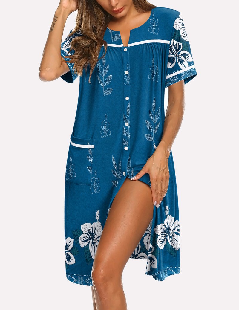 Button-down short-sleeve sleepshirt, teal with white floral print and contrast trim