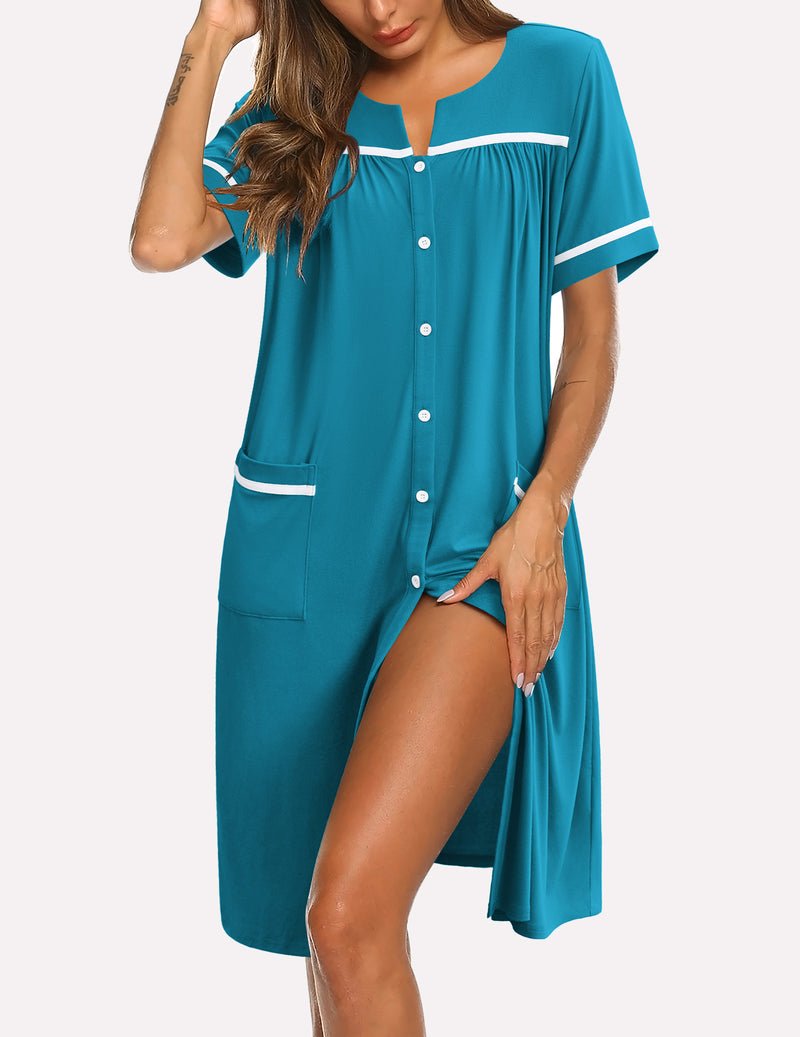 Teal button-down short-sleeve sleepshirt with white contrast trim and front buttons