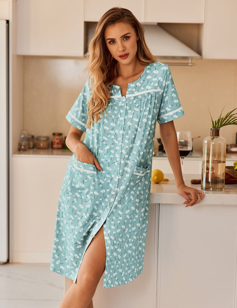 Mint floral button-down sleepshirt with keyhole neckline and contrast piping