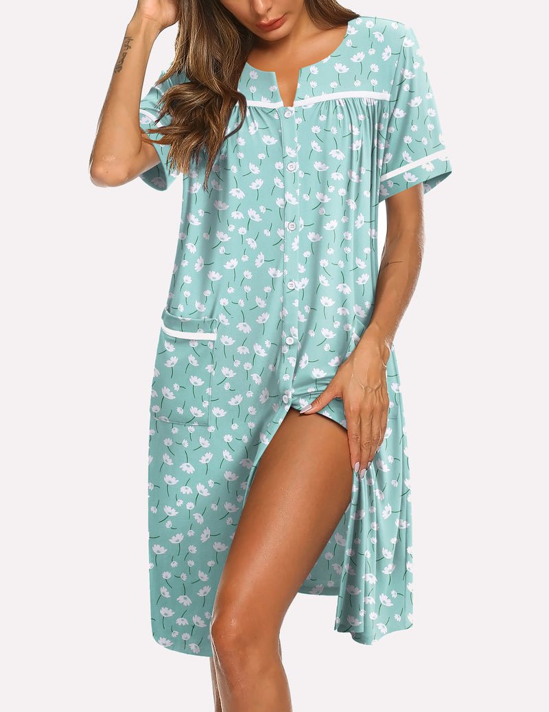 Mint green button-down short-sleeve sleepshirt with small floral print and white trim