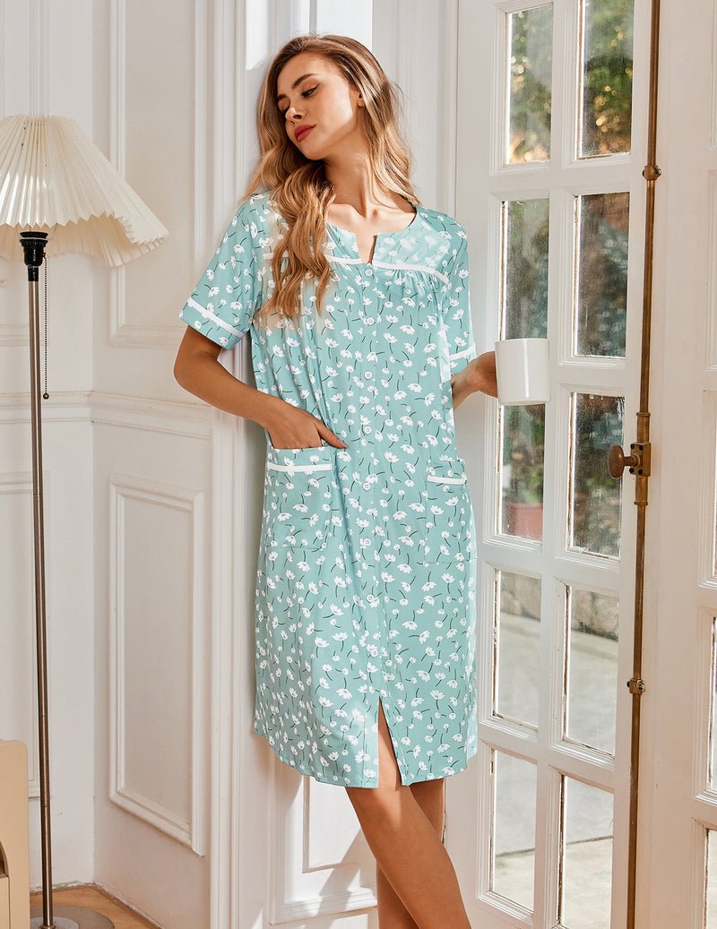 Mint floral short-sleeve sleepshirt, front button placket and patch pockets