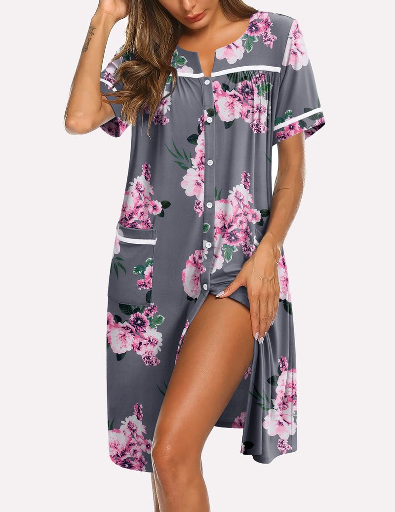 Dark gray floral button-down sleepshirt with short sleeves and front buttons
