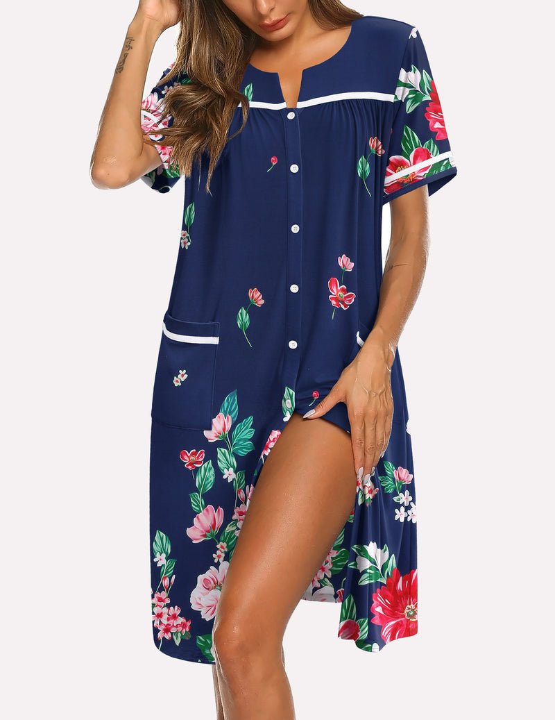 Navy button-down short-sleeve sleepshirt with multicolor floral print and white trim