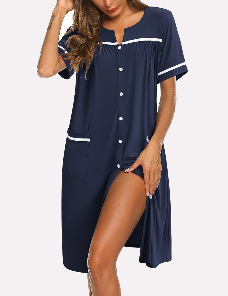 Navy button-down sleepshirt with short sleeves, chest pocket, and front buttons