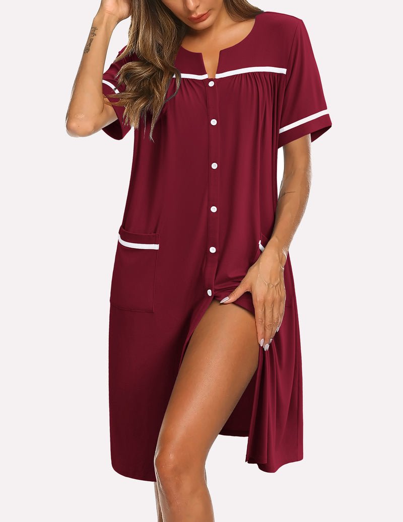 Wine red button-down sleepshirt with short sleeves, chest pocket, and front buttons