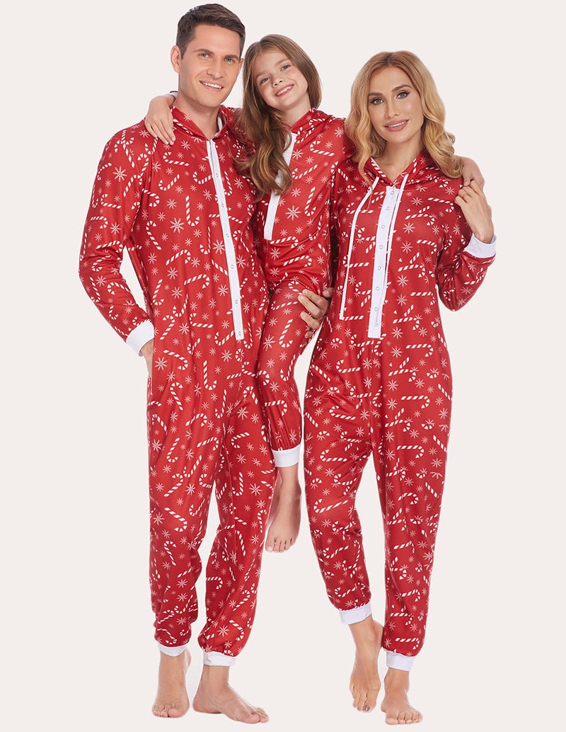 Red candy-printed hooded one-piece pajamas with long sleeves, front zipper, and white trim