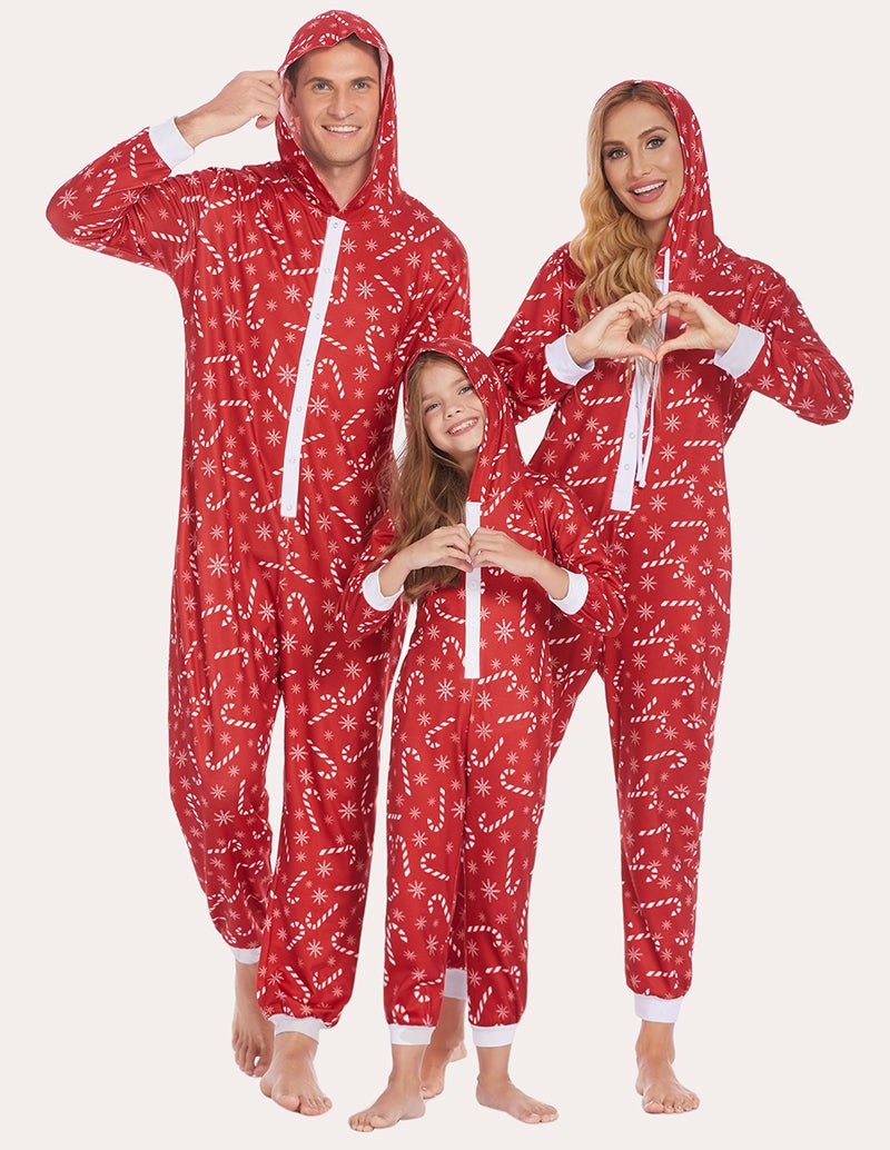 Red candy-printed hooded one-piece pajamas with front zipper and white drawcord ties