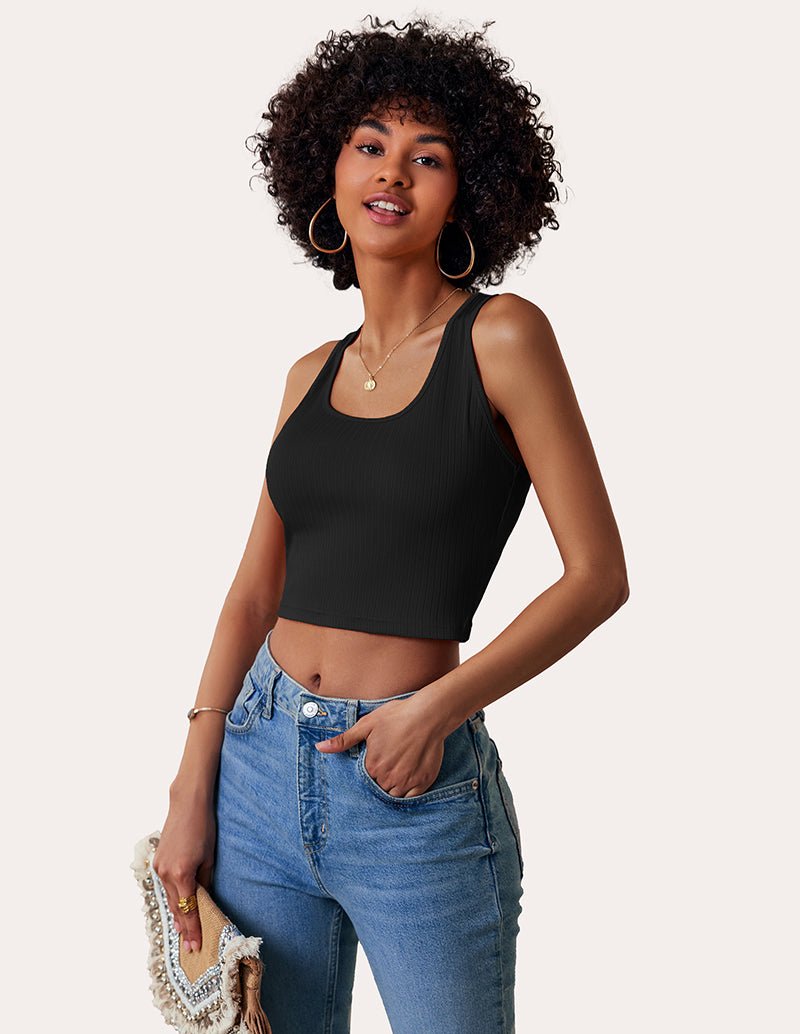 Black ribbed tank top with scoop neck and wide straps, cropped length.