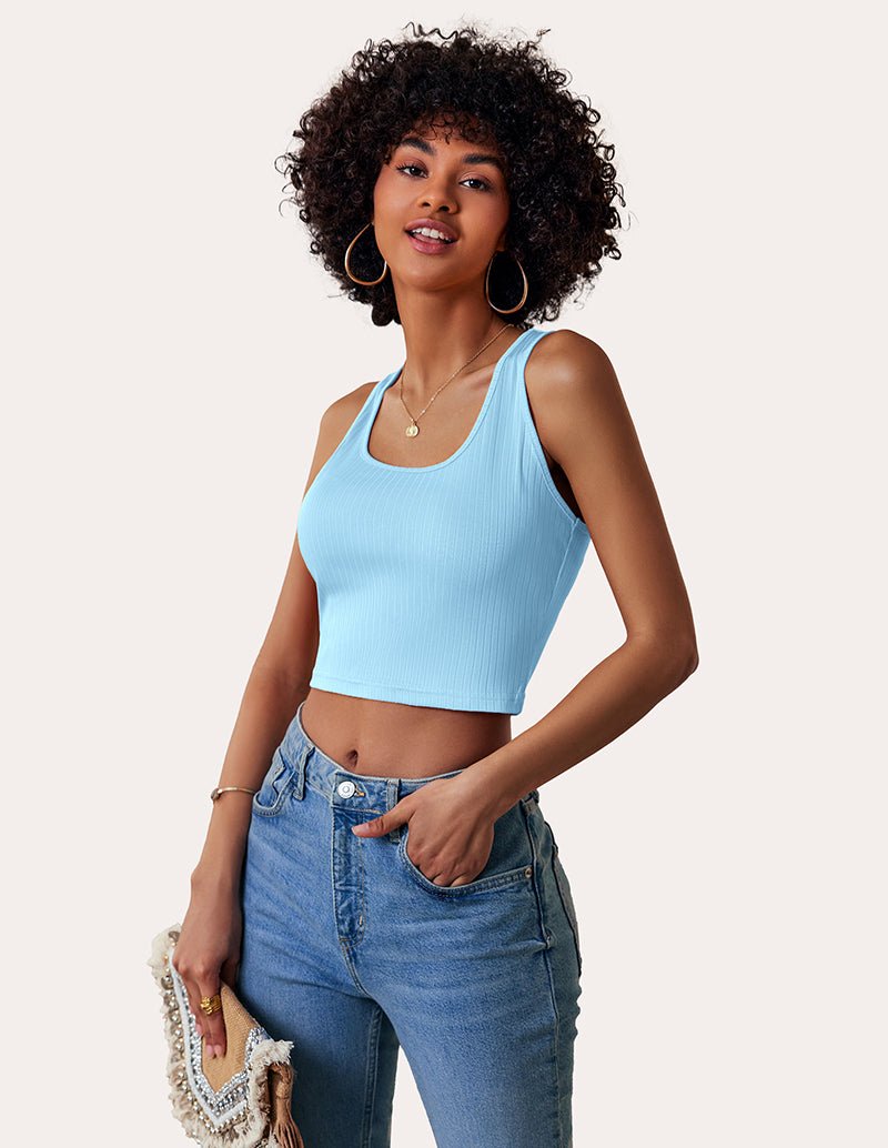Light blue ribbed tank top with scoop neck and wide straps, cropped length.