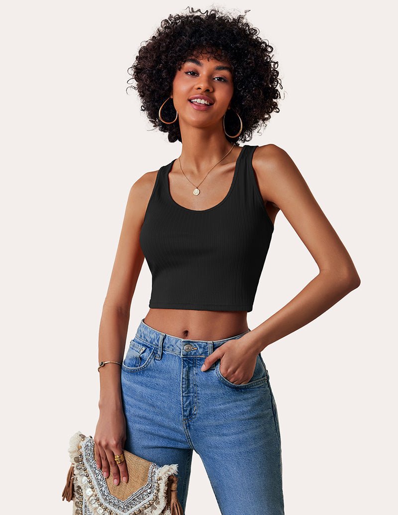 Black ribbed tank top with scoop neck and wide straps, close fit.