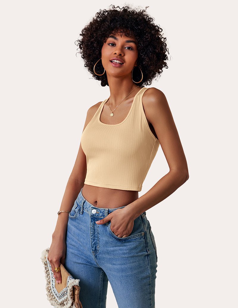 Khaki ribbed tank top, sleeveless with scoop neckline