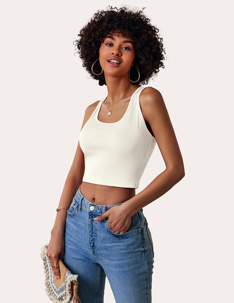 White ribbed tank top with scoop neck and sleeveless cut