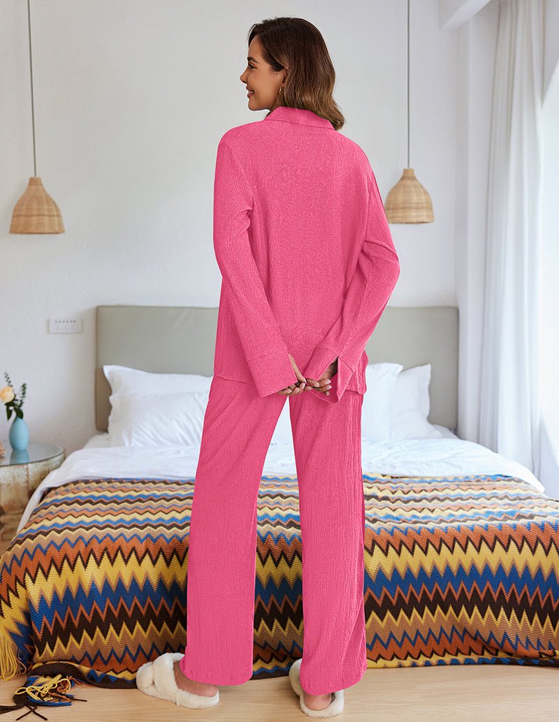 Pink long-sleeve lounge set with button-front top and front-tie wide-leg pants