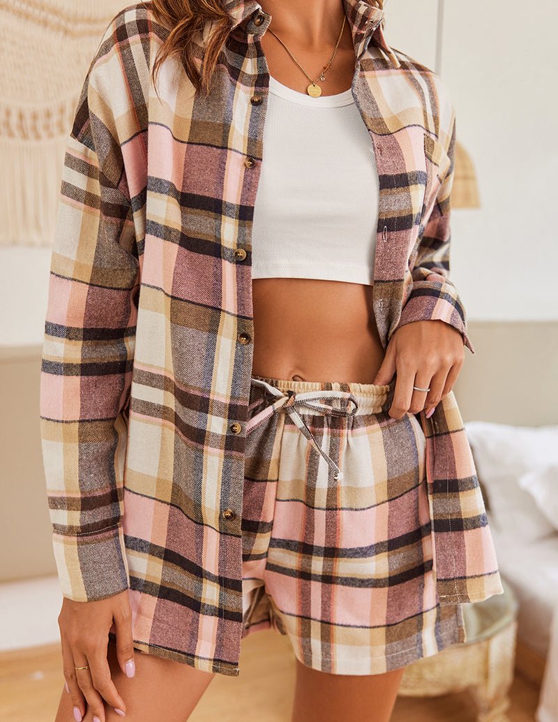 Plaid pajama set detail: button shirt with drawstring shorts in pink-brown plaid