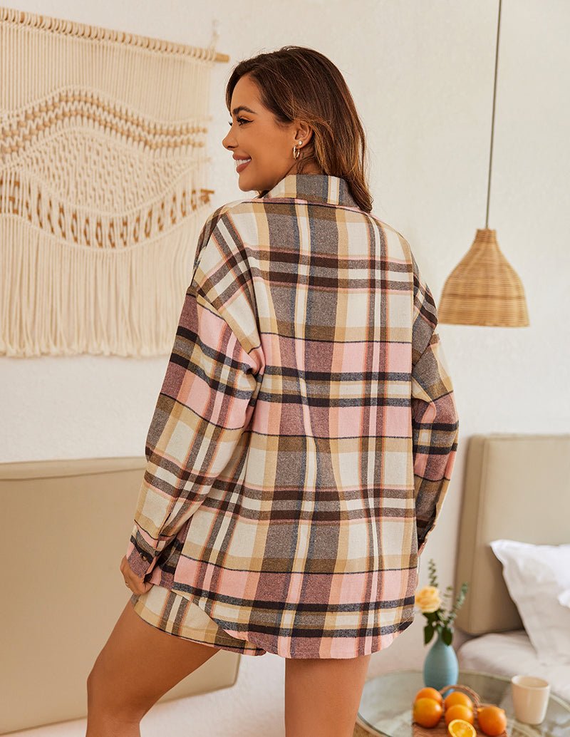 Women's plaid pajama set back view: long-sleeve button shirt and drawstring shorts