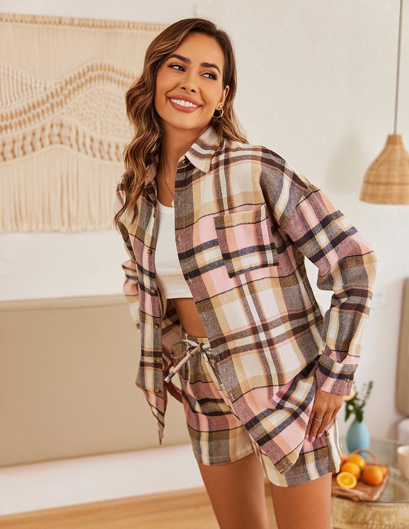 Women's plaid pajama set with button front shirt and drawstring shorts, pink-brown plaid