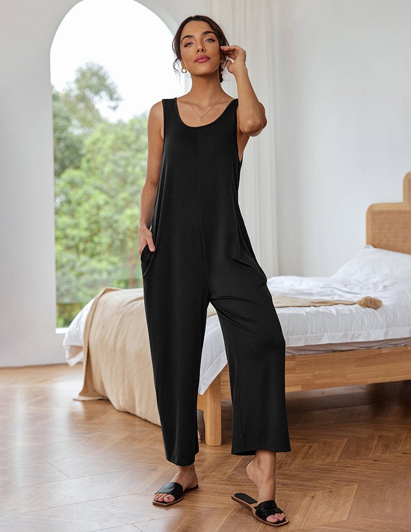 Ekouaer loose sleeveless jumpsuit in black, wide-leg with scoop neck