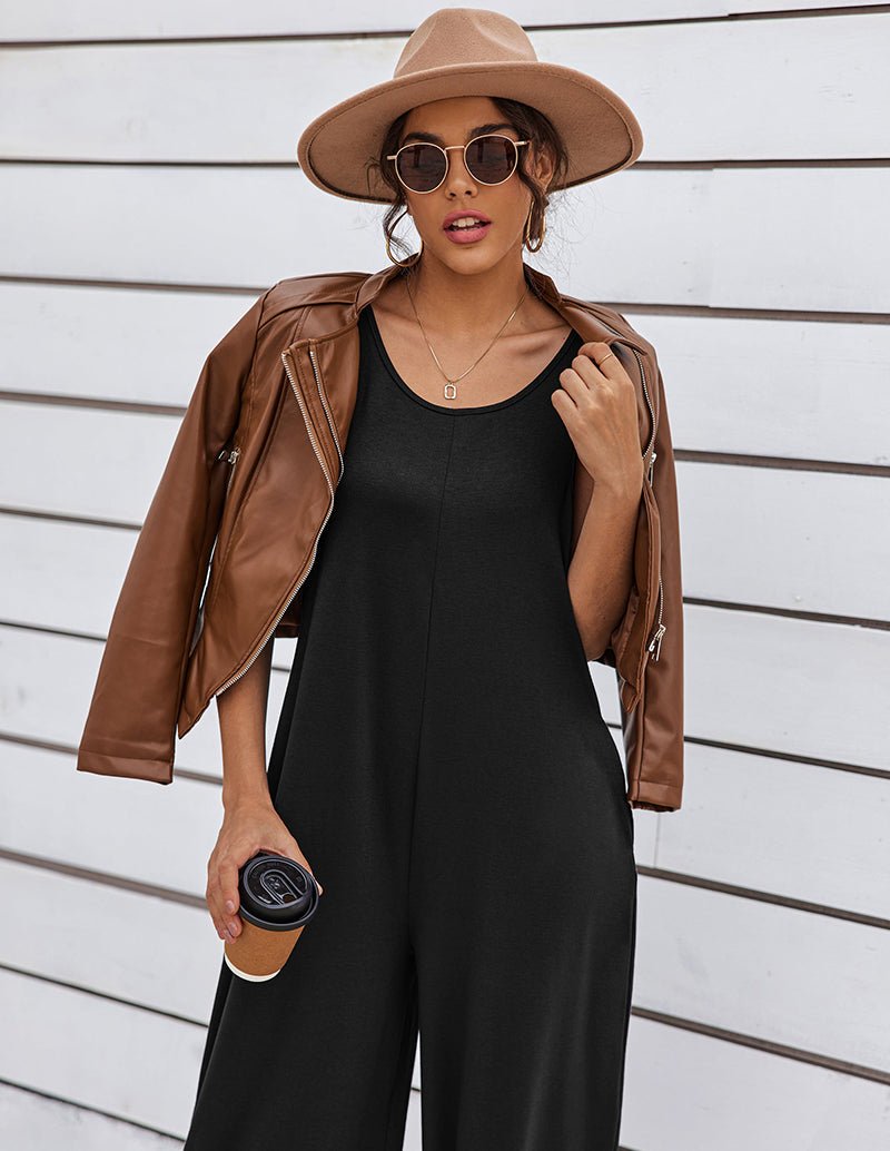 Black sleeveless loose jumpsuit with scoop neck and wide legs