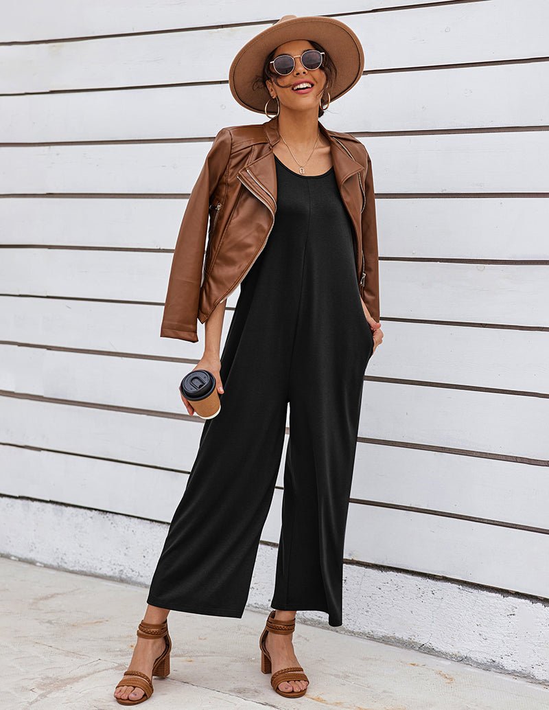 Black sleeveless jumpsuit with wide-leg pants and scoop neckline