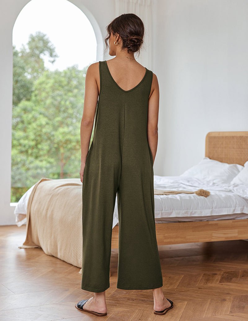Olive green sleeveless loose jumpsuit with V-back and wide legs