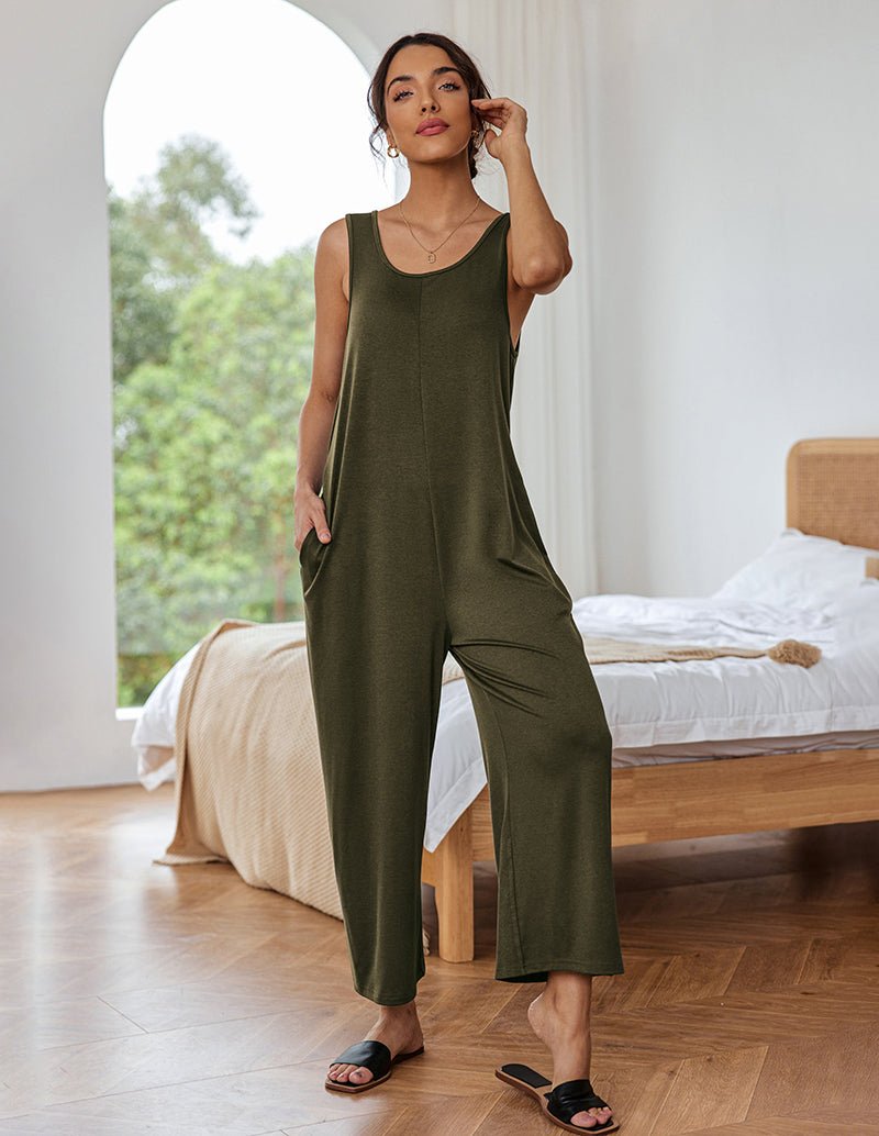 Olive green sleeveless loose jumpsuit with scoop neck and wide legs