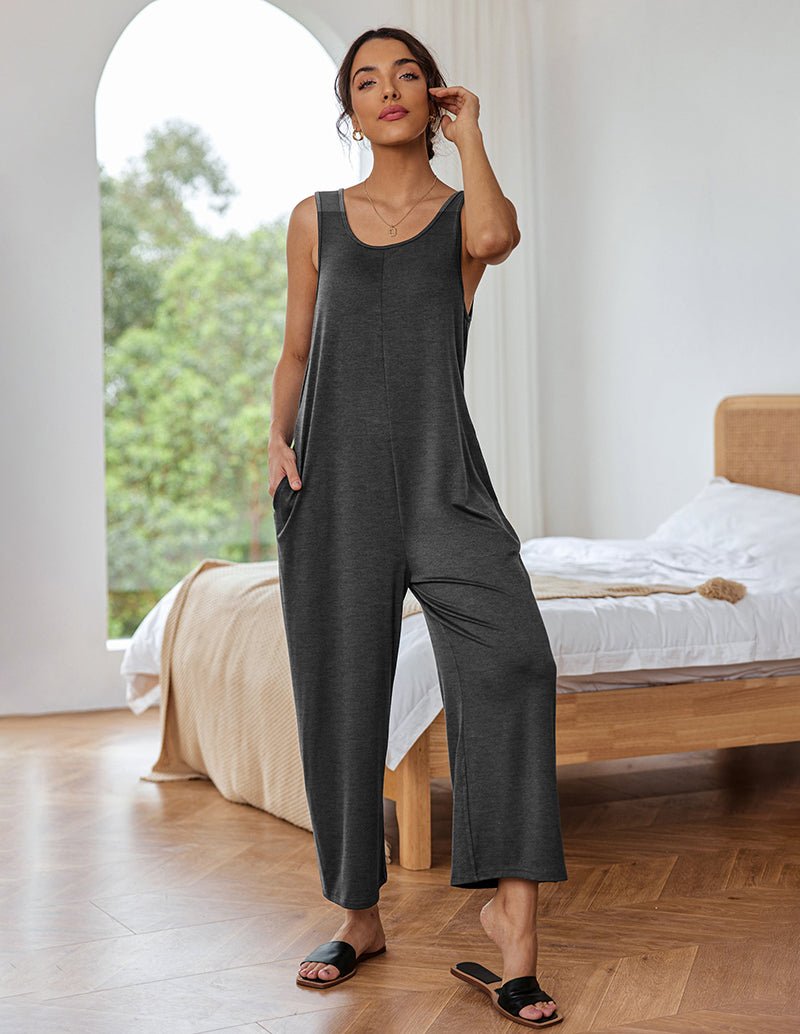 Grey sleeveless loose jumpsuit with scoop neck and wide-leg pants