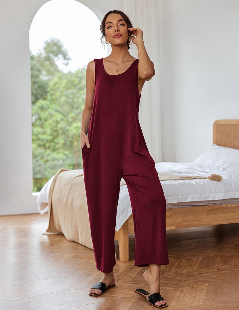 Burgundy sleeveless loose jumpsuit with scoop neck and wide legs