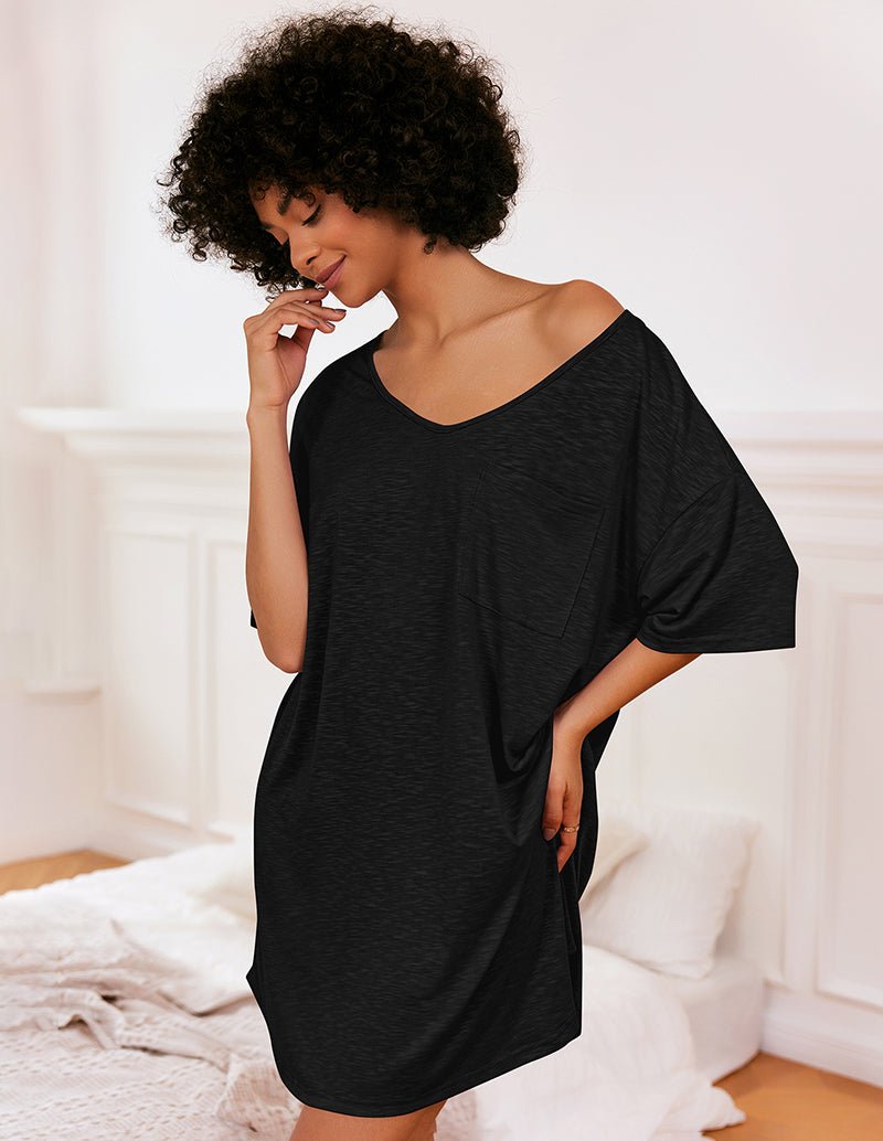 Black V-neck T-shirt nightgown with short sleeves and pocket detail