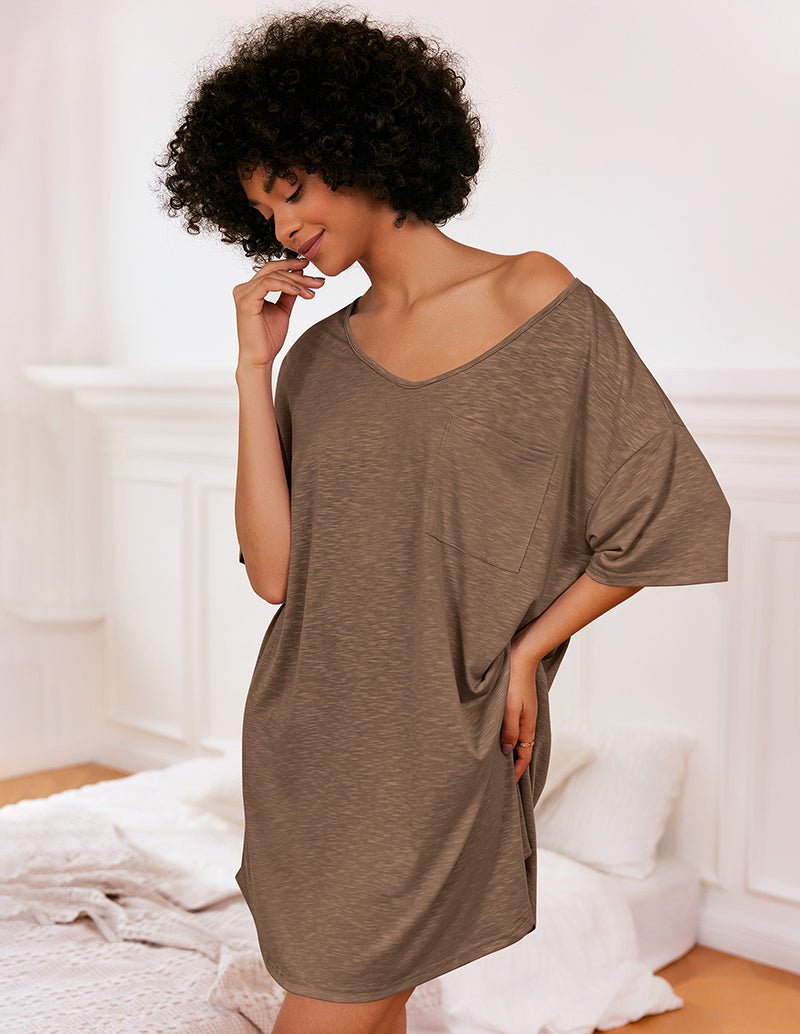 Brown V-neck T-shirt nightgown with short sleeves and front pocket