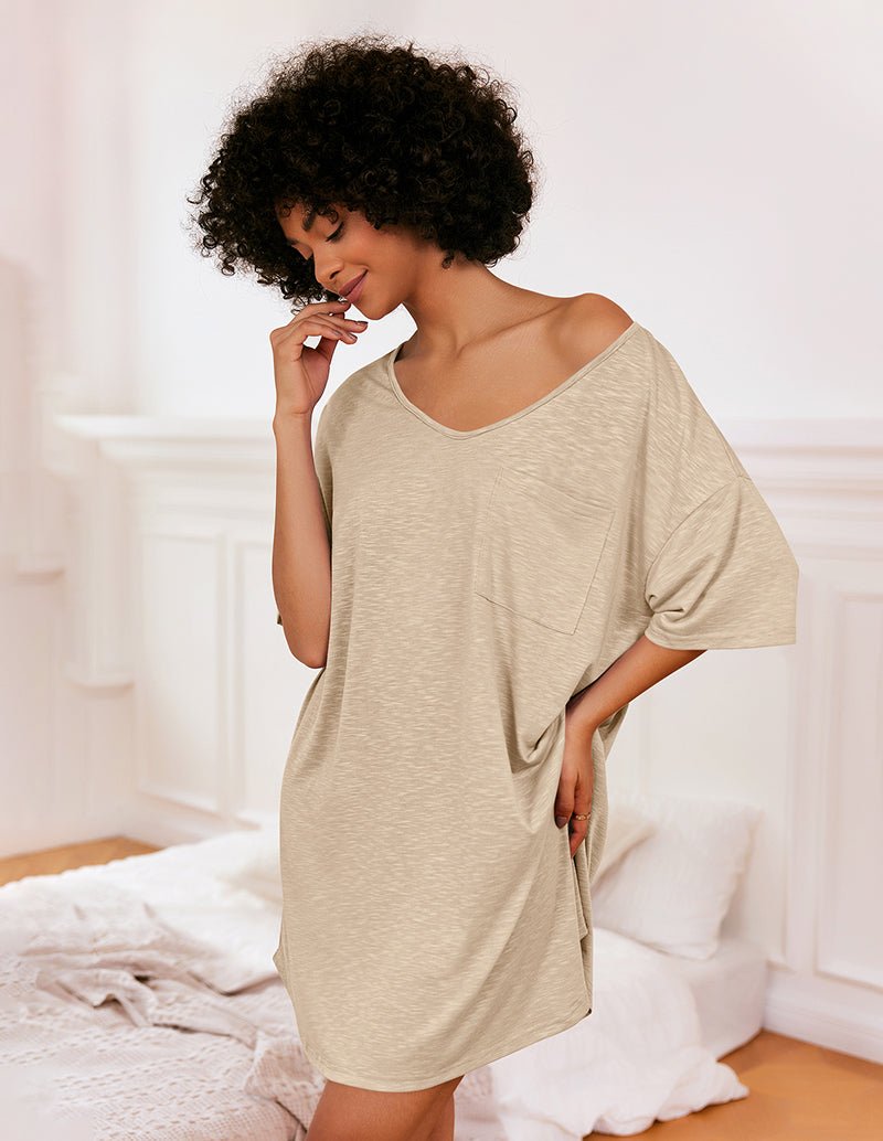 Khaki V-neck T-shirt nightgown with short sleeves and chest pocket