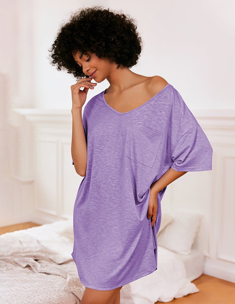 Light purple V-neck T-shirt nightgown with short sleeves and chest pocket