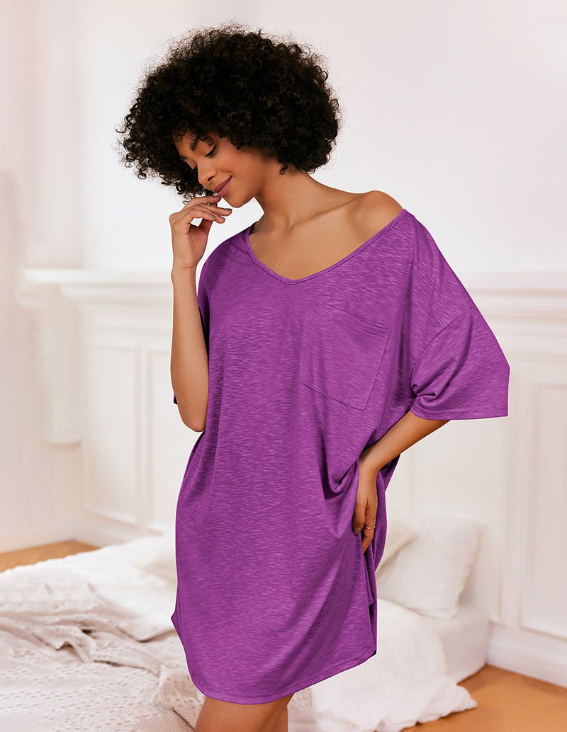 Purple V-neck nightgown T-shirt dress with short sleeves and chest pocket