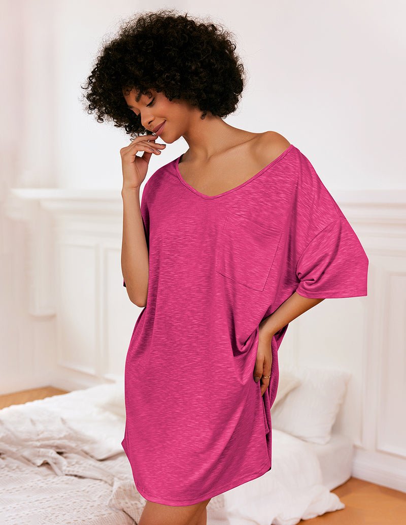 Pink V-neck nightgown T-shirt dress with short sleeves and chest pocket