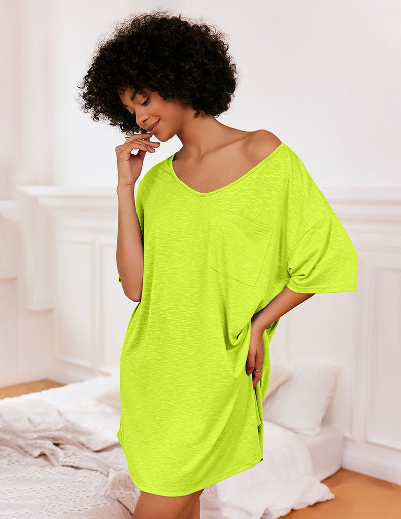 Neon yellow V-neck T-shirt nightgown with short sleeves and chest pocket