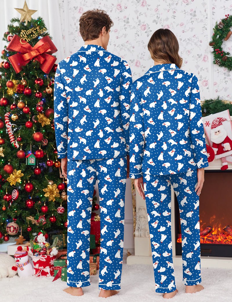 Back view blue polar bear Christmas pajama set with matching long sleeves and pants