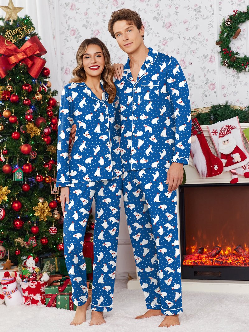 Couple Christmas pajama set in blue with polar bear pattern, button-up tops and pants