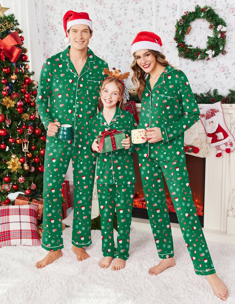 Green Christmas family pajama set with three people, matching long-sleeve tops and pants