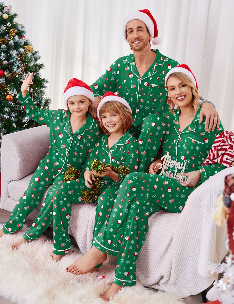 Green Christmas family pajama set: two adults and two children in matching long sleeves