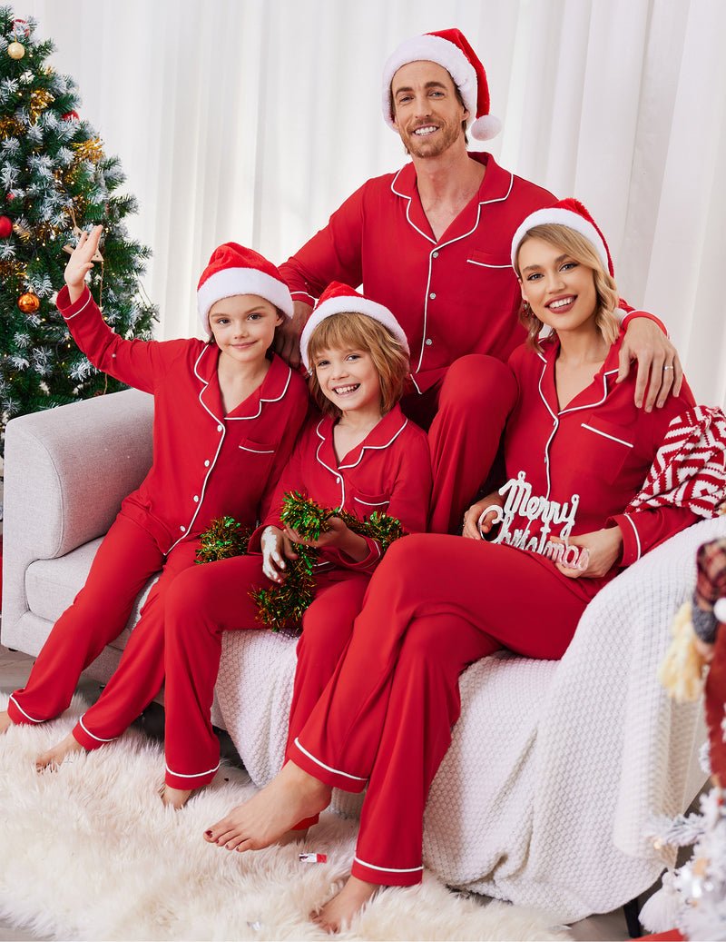 Red Christmas matching pajamas with white trim, button-front tops and long pants