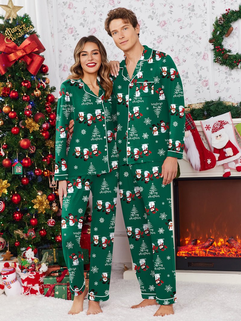 Green Christmas couple pajama set with cartoon snowmen and holly, long sleeves and pants