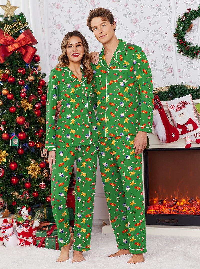 Christmas couple pajama set in green with white holiday motifs, button-up top and pants