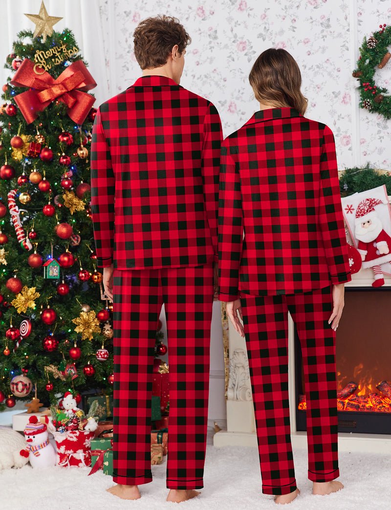 Back view red-and-black plaid couple Christmas pajama set, long sleeves and pants